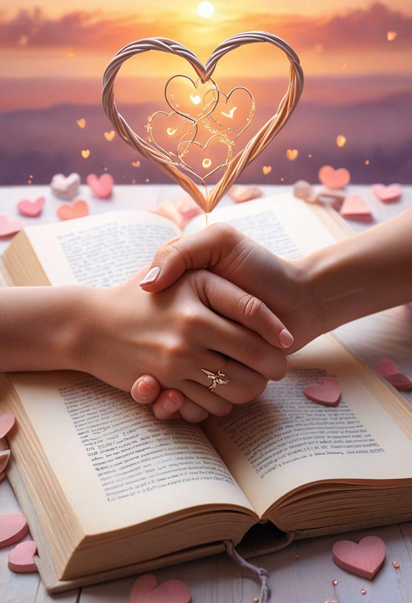 A pair of intertwined hands symbolizing connection and support, surrounded by glowing hearts and soft pastel colors. In the background, an open book with pages fluttering, representing knowledge and wisdom about love. The scene is warm and inviting, evoking feelings of trust and closeness. The ambiance suggests a serene sunset, enhancing the emotional depth of the image. super-realistic. vibrant colors. soft focus.