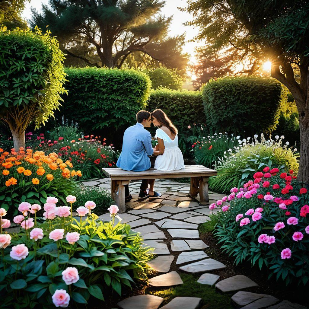 A lush garden at sunset, with a couple sitting closely on a wooden bench, surrounded by blooming flowers symbolizing love and intimacy. Soft warm light illuminating their faces, reinforcing a feeling of connection and serenity. The background showcases a winding path leading deeper into the garden, hinting at a journey of lasting love. romantic, vibrant colors, super-realistic.