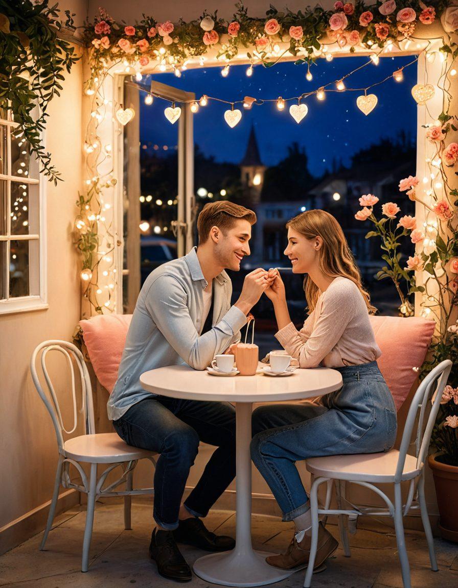 A cozy, intimate scene featuring a couple sitting in a sunlit café, engaged in deep conversation, surrounded by heart-shaped decorations and subtle symbols of love, like intertwined hands and shared meals. The background should include warm pastel colors and soft, inviting elements like flowers and fairy lights, reflecting a romantic atmosphere. super-realistic. warm tones. soft focus.